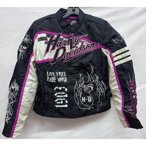 Harley-Davidson Womens Sz S Nylon Riding Jacket Black/White/Pink Skull Flame Sho
